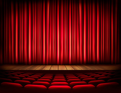 与红色的帷幕，座位的剧院舞台。矢量