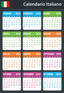 2018 的意大利日历。调度程序 议程或日记模板。周从星期一开始