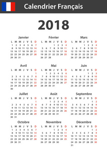 法国 2018 日历。调度程序 议程或日记模板。周从星期一开始