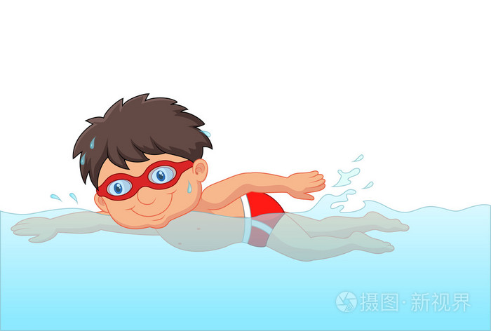 卡通小男孩游泳在游泳池里