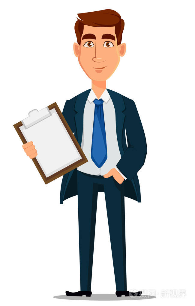 商人在正式的西装控股剪贴板卡通人物