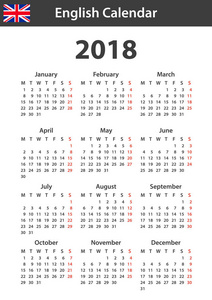2018 的英文日历。调度程序 议程或日记模板。周从星期一开始