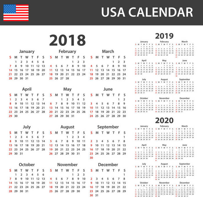 美国2018年, 2019年和 2020 年的日历.调度程序, 议程或日记模板.