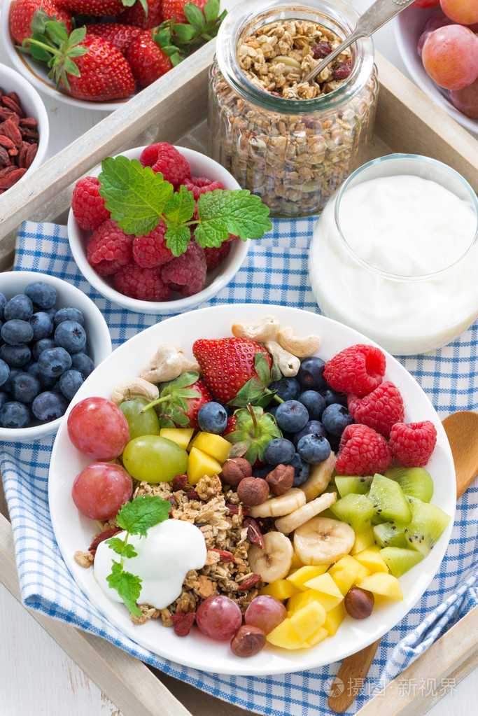 健康早餐浆果水果和谷类食物在盘子上