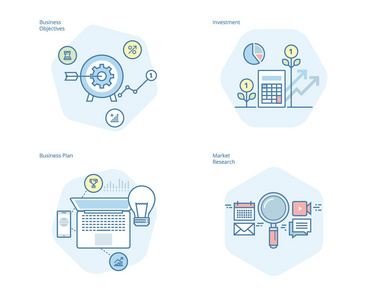 经营计划和目标 市场研究 投资的概念线图标集