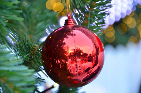 圣诞背景和红色的装饰 金色礼品盒 浆果和杉木在雪中