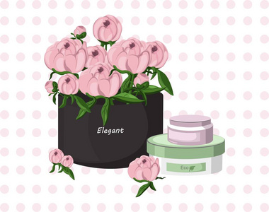 粉红色的霜化妆品和花艺花束礼品矢量插图