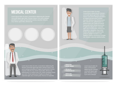 医疗宣传册设计模板。医生的女人和男人的字符。卡通平现代风格