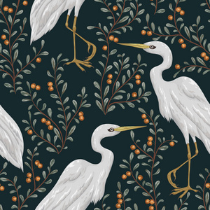 鹭鸟与酸果蔓植物的无缝模式。乡土植物的背景。水彩风格复古手绘矢量图