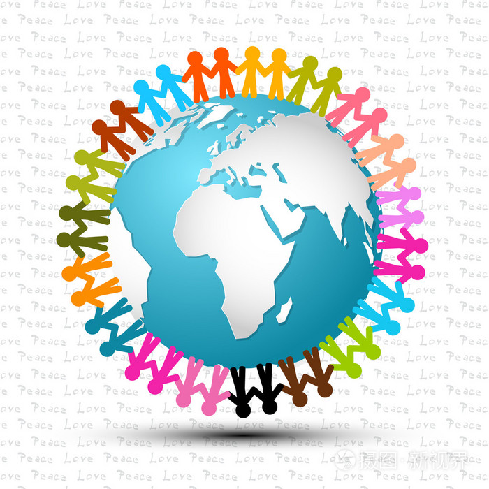 爱与和平的人手拉手绕着地球矢量图