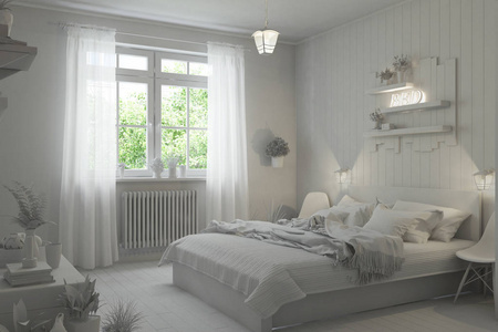 白色的卧室 3d 室内渲染