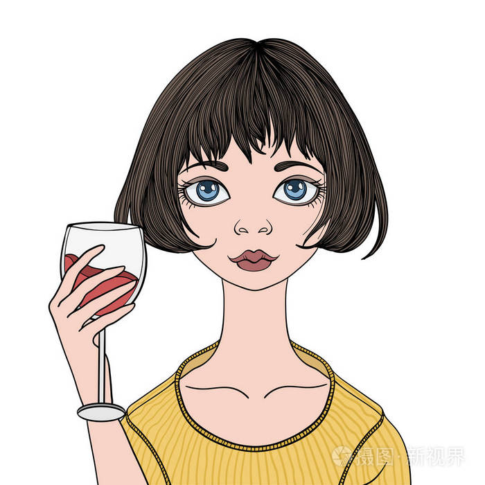 年轻可爱的小女孩杯红酒.矢量图中,白色背景上孤立