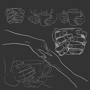 人类双手拿杯咖啡。向量集
