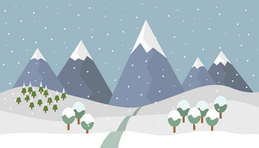 卡通下雪的冬天山景观与雪和针叶林 落叶树木和通往山与雪盖群峰下灰色的天空矢量插图，平面设计