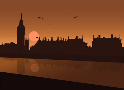 伦敦泰晤士河畔 大笨钟 议会和威斯敏斯特宫与夜下的水中的倒影的夜景与月亮和星星的天空和与海鸥矢量图