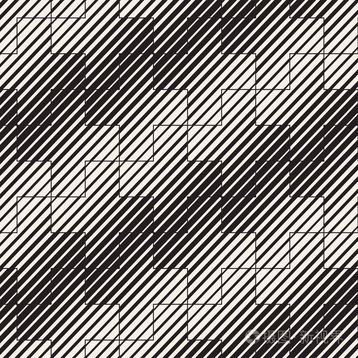 矢量无缝黑色和白色线条图案抽象背景.十字形状几何拼接装饰