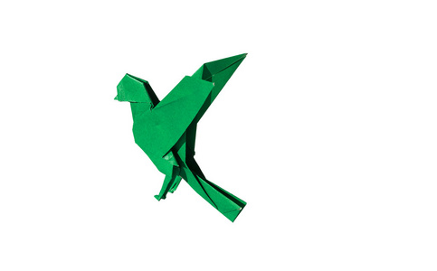 孤立的白色衬底上的绿色折纸鸟罗宾