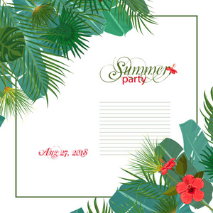 手绘热带棕榈叶和白色背景与无缝边框上的丛林朵奇葩婚礼邀请模板