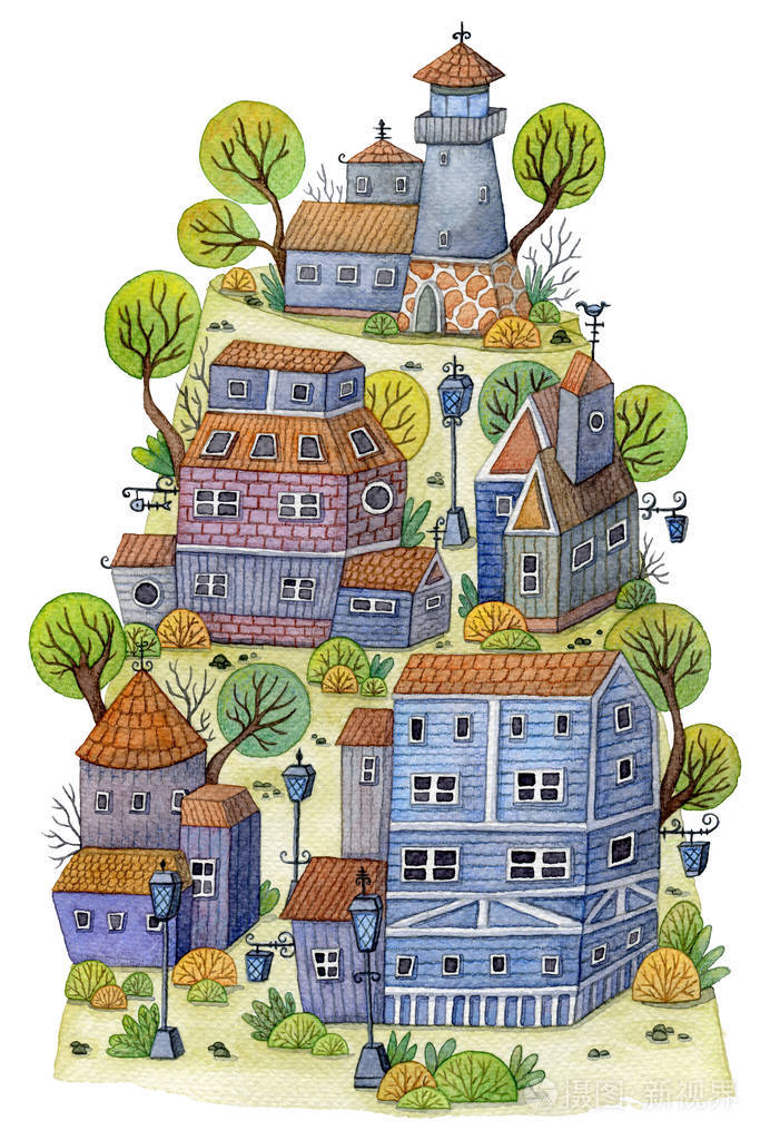 水彩卡通村庄与灯塔房屋和山上的树木童话般的风景复古设计概念为打印