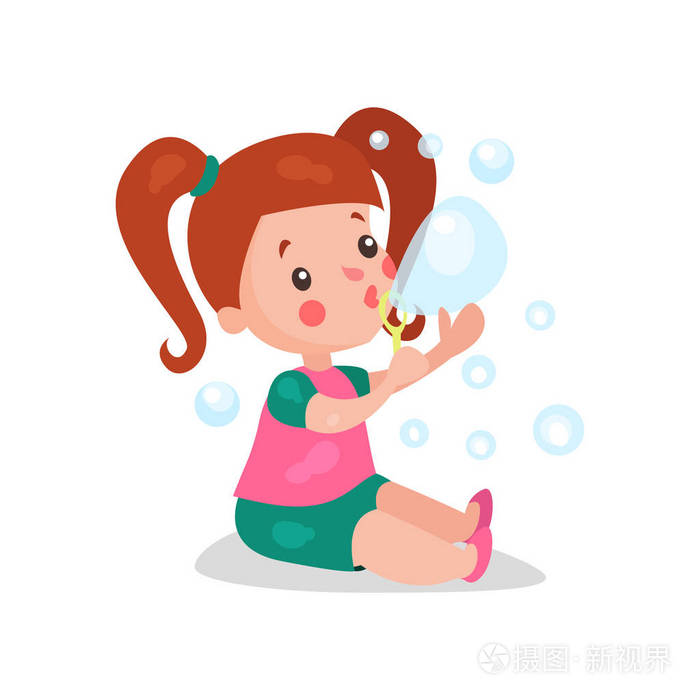 甜蜜卡通红发小姑娘坐在地板上吹和玩肥皂泡矢量图