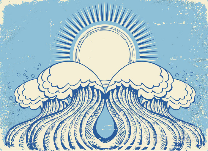 抽象的海浪.海的符号的 grunge 矢量插图