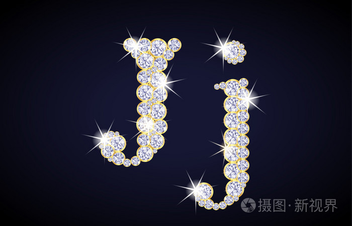 字母j由带有金色框架的钻石组成. 完整的