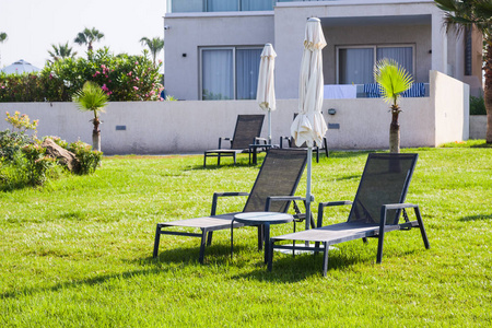 反对在早上，塞浦路斯帕福斯酒店空日光浴床的地中海棕榈滩。