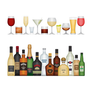 一整套不同酒精瓶和眼镜。酒精饮料和饮料。平面设计风格，矢量图