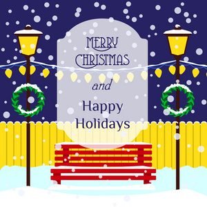 圣诞插画与板凳 灯 花圈 漂移 雪花 铭文圣诞快乐，快乐假期