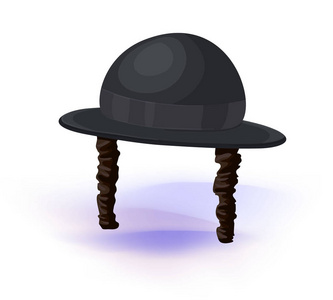 黑色圆柱帽。正统犹太帽子与鬓角。犹太教符号矢量插图。化装或狂欢节的头饰