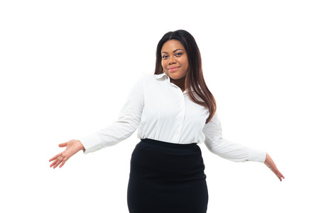 耸耸肩膀的黑人美国女商人照片