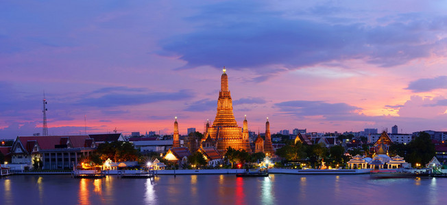 黄昏时分的湄南河河对岸郑王庙在日落