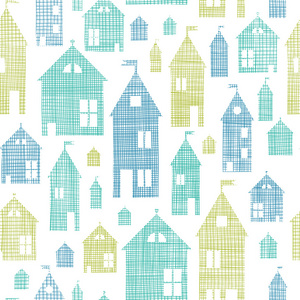 房子蓝绿色纺织纹理无缝图案背景