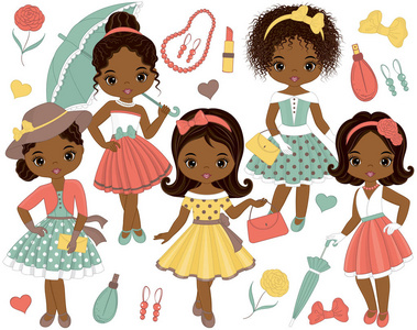 向量组的可爱小非洲裔美国女孩在复古风格