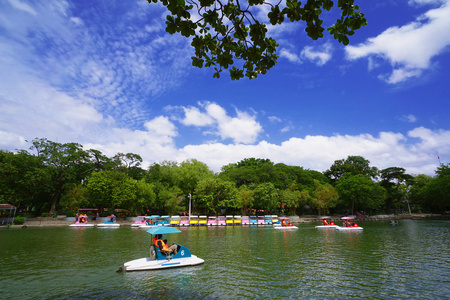 脚踏船在湖国家公园和美丽的蓝天