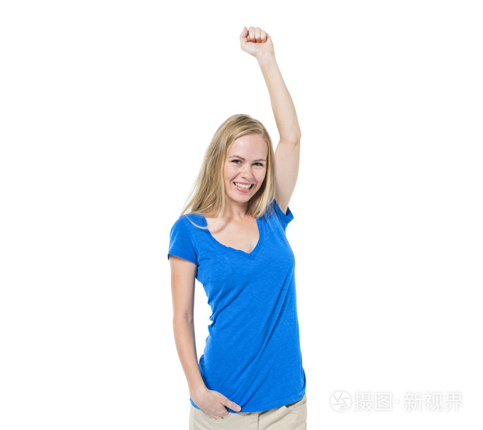 性格开朗随便的女人用一只胳膊提出庆祝