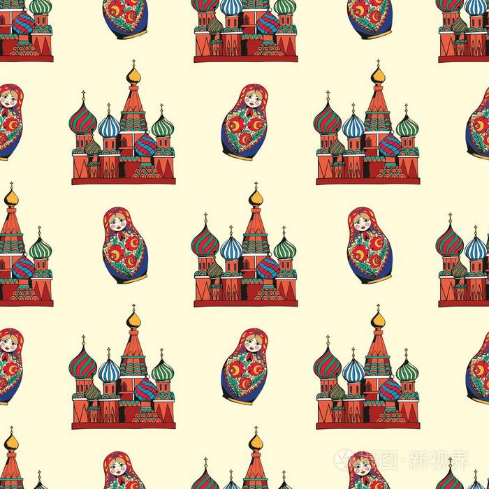 传统的俄罗斯的符号.手绘图.矢量无缝模式设计