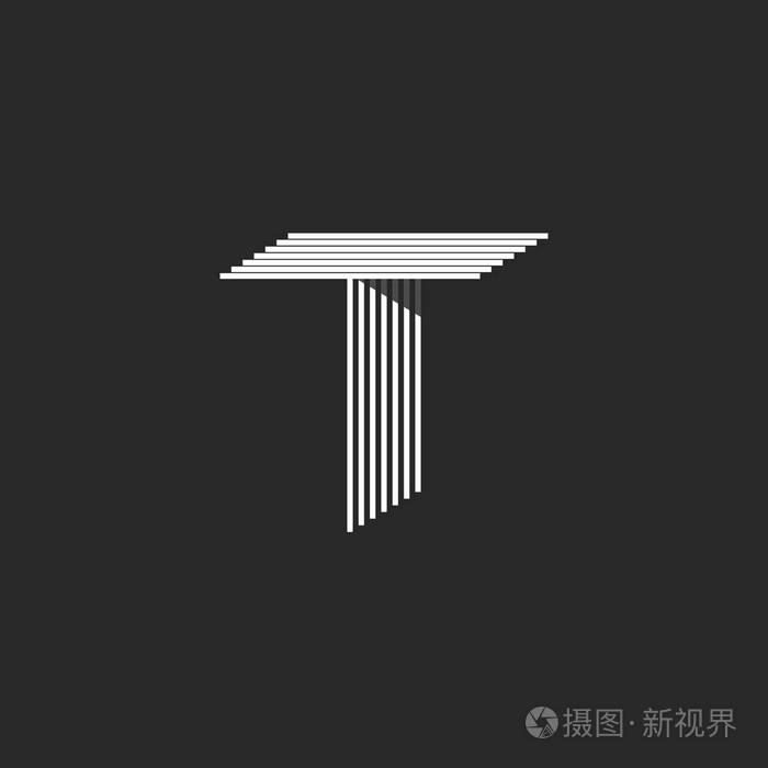 大写字母 t 标志样机,黑色和白色很多平行的细线等距初次, 3d 简单