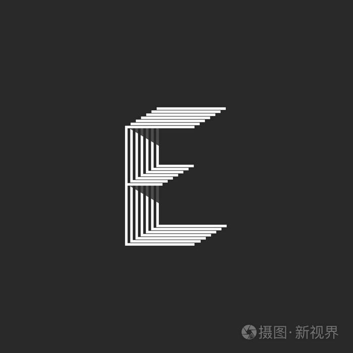 字母 e 标志,许多平行的细线标记的黑色和白色,等长收缩几何造型创意
