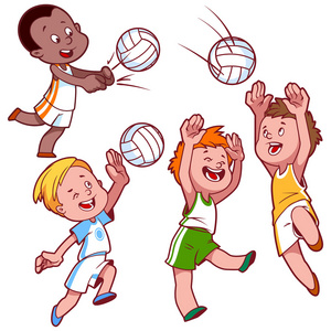 卡通小孩打排球。关于矢量剪辑艺术插画