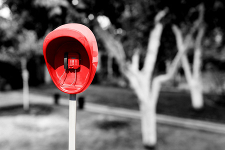 支柱与红色公用电话设置的园子里的树在黑色和白色风格