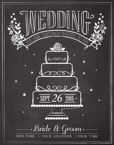 婚礼蛋糕.写意画在黑板上插画