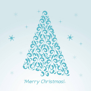 圣诞贺卡与蓝色数字的卷发。贺卡 请柬 室内装饰元素装饰模板。树，雪花。矢量图
