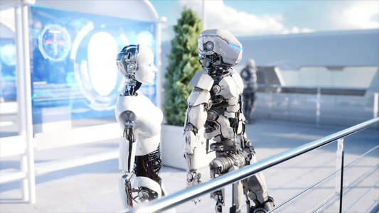 人和机器人。科幻电台。未来的单轨交通。未来的概念。3d 渲染