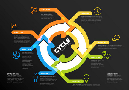 由线条和大周期图标黑暗版本带有图标的矢量信息图表报表模板