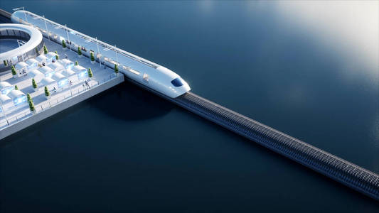 快速未来的单轨列车.科幻电台.未来的概念.人和机器人.水和风能.