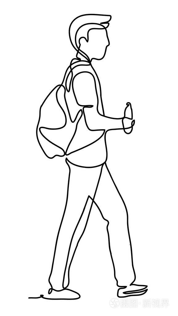 插画 人步行或旅行到城市.旅行者穿包.那家伙拿着瓶水连续线图.