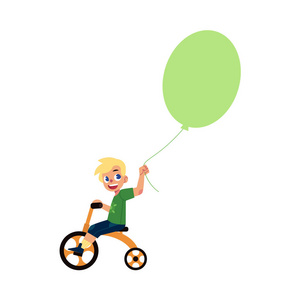 矢量扁男童骑自行车热气球图片