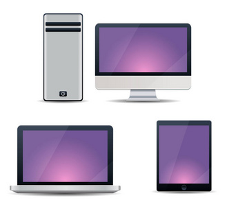 带紫色屏幕的电子设备. 台式电脑, 笔记本电脑, 平板电脑