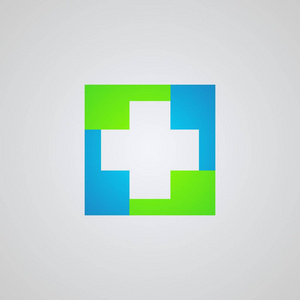 交叉医疗标志。健康保健矢量图标。医疗标志, 正方形概念以绿色和蓝色颜色